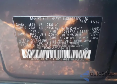 2017 Subaru Outback 2.5I Premium from USA, damaged, VIN 4S4BSACC3H3301155